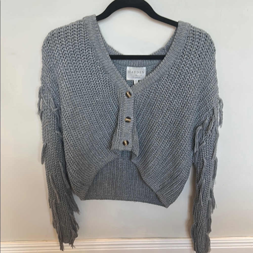 Hayden Gray Cropped Cable Knit Fringe Crop Sweater
